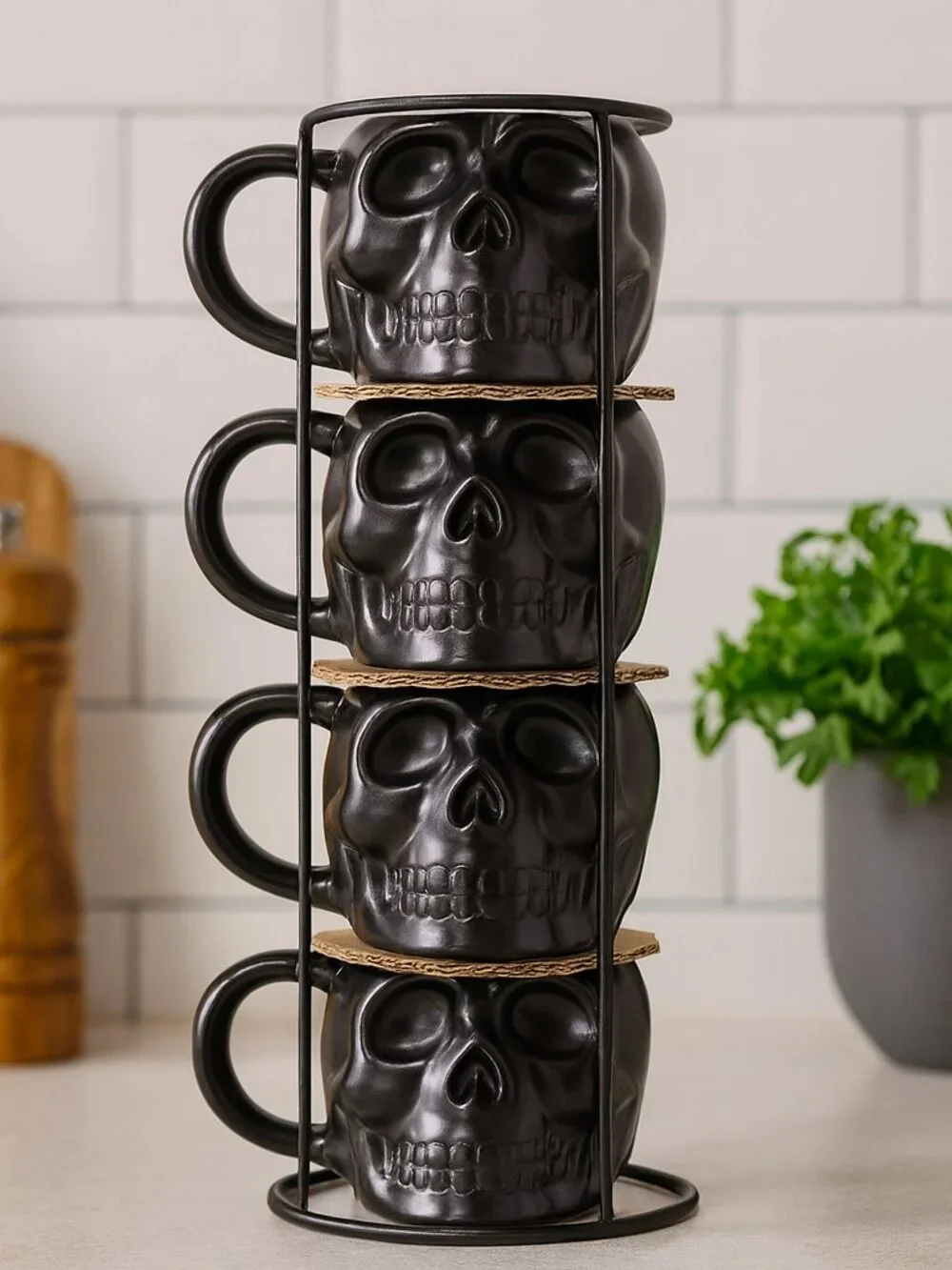 NEW Skull Mug Set of 4 Stackable Mugs Dia De Los Muertos Skulls Halloween Stonew